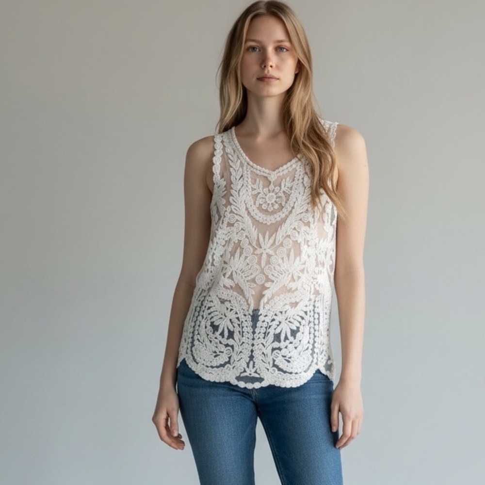 UO Pins‎ and Needles Cream Floral Lace Mesh Embroidered Sleeveless Boho Top XS
